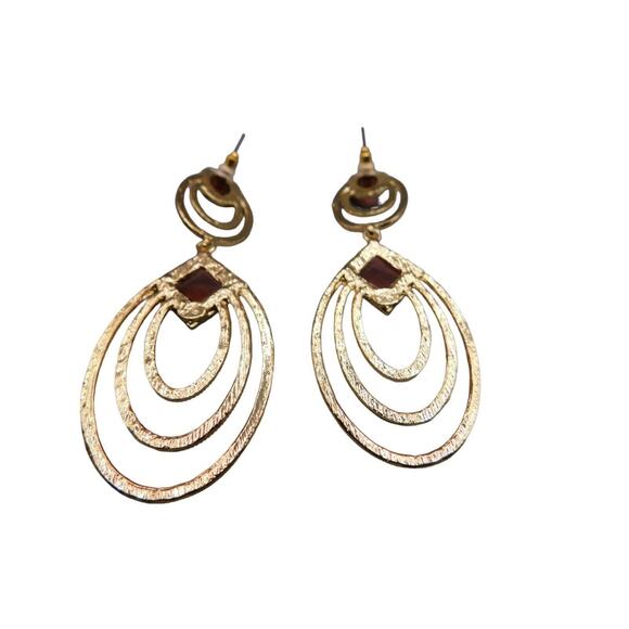 Modern Pierced Dangle Earrings Brown Beads Women Fashion Textured Gold Tone - Picture 9 of 10